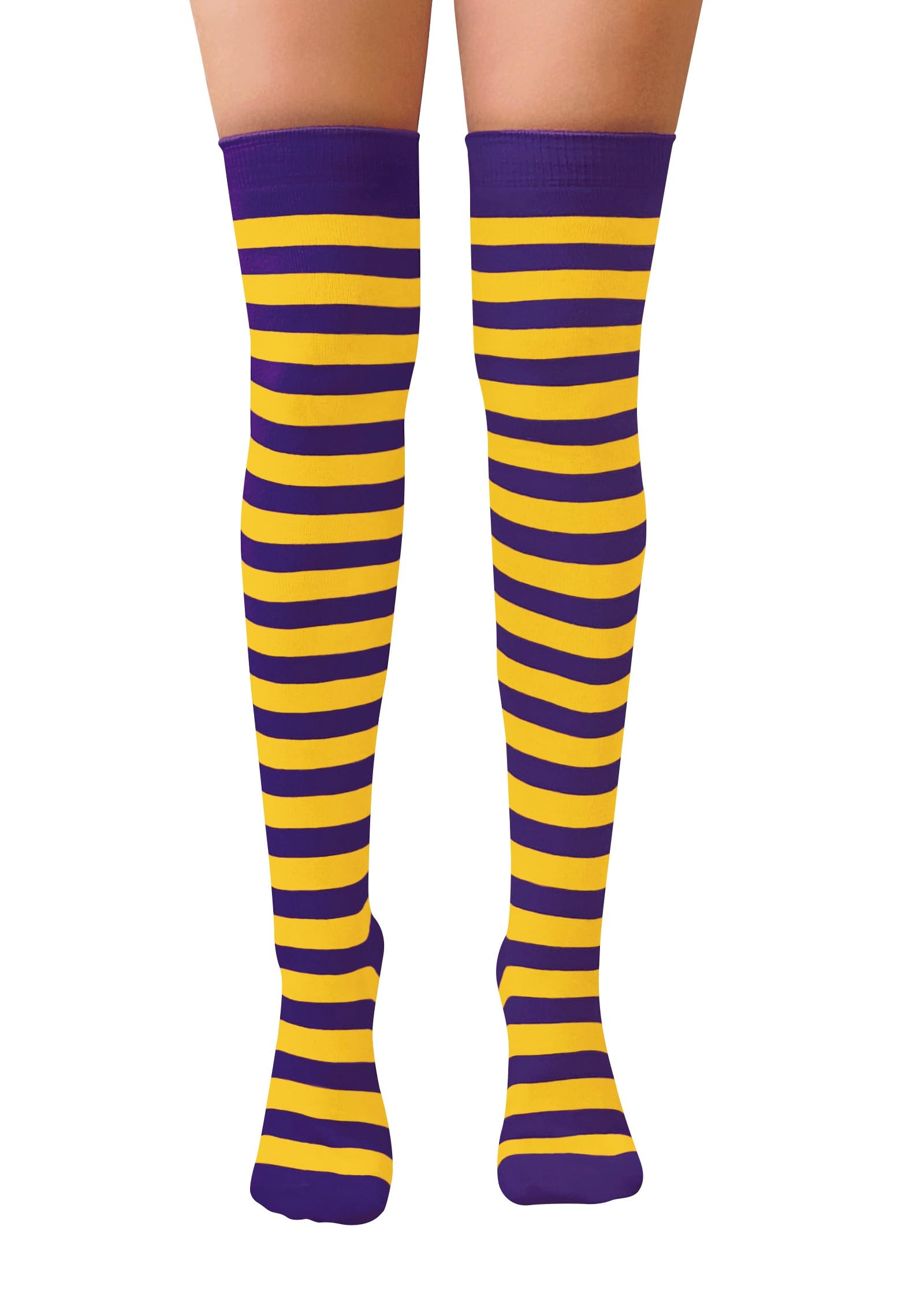 NuJake Girls Striped Over The Knee Socks Fancy Dress Up Themed Cosplay Christmas & Halloween UK Size 4-5.5 (Purple & Yellow)