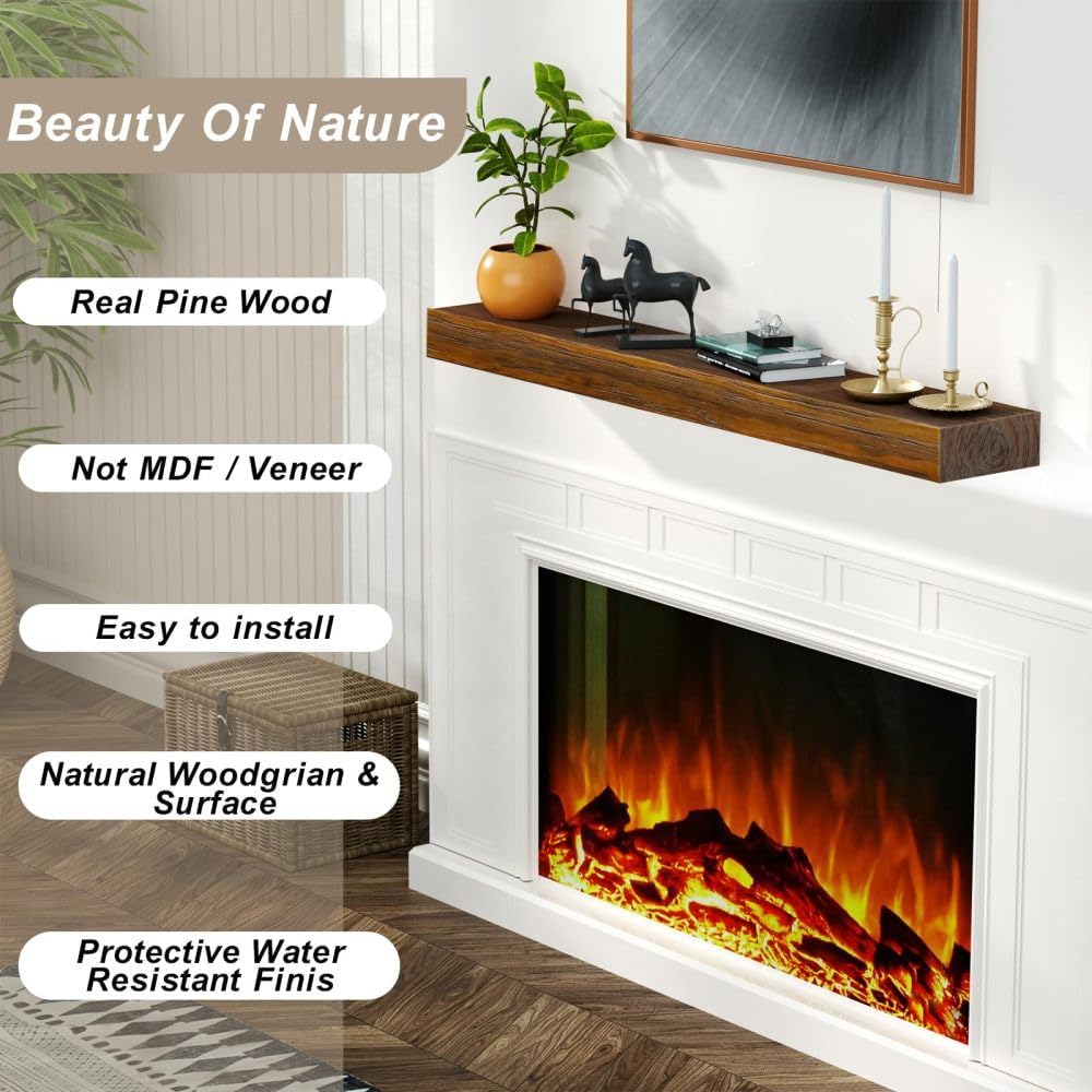 Rustic Wood Floating Mantel Shelf, Antique Natural Finish, Solid Pine Construction, 72x8x3 Inch, Wall Mounted Fireplace Shelf with Resin End Caps (Chocolate, 48" x 8" x 3")