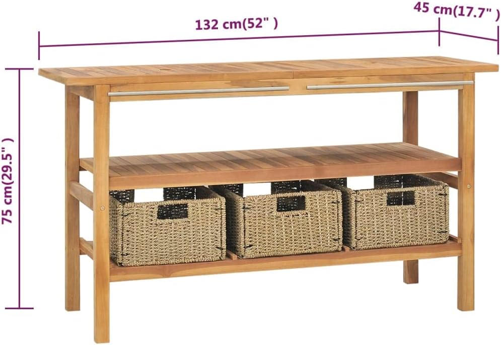 vidaXL Solid Teak Wood Bathroom Vanity Cabinet with 3 Baskets and Steel Handles, Brown, 52"x17.7"x29.5" for Ample Storage Space