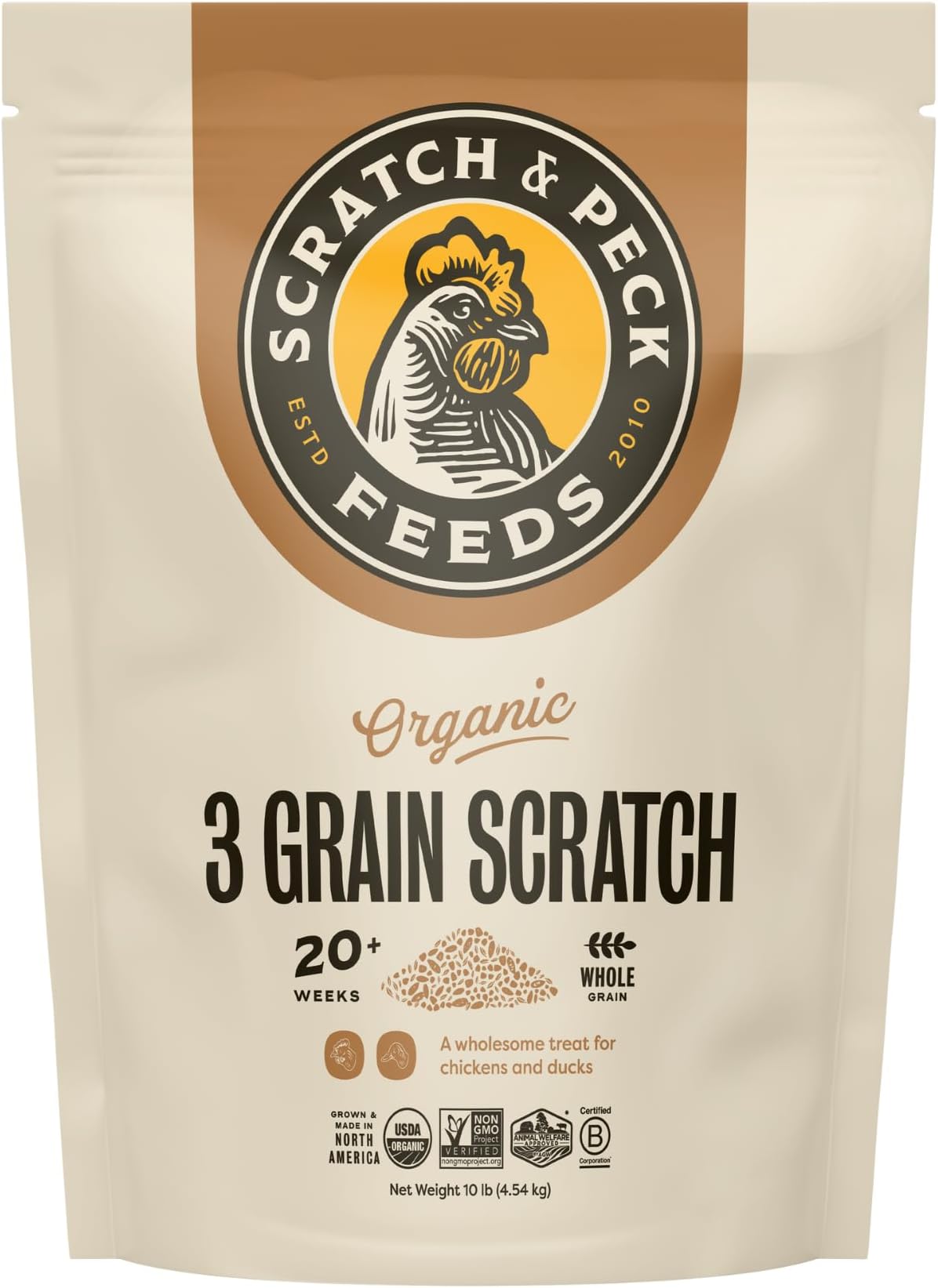 Scratch and Peck Feeds Cluckin' Good Organic 3-Grain Scratch for Chickens and Ducks -10-lbs - Organic and Non-GMO Project Verified - 9960-01