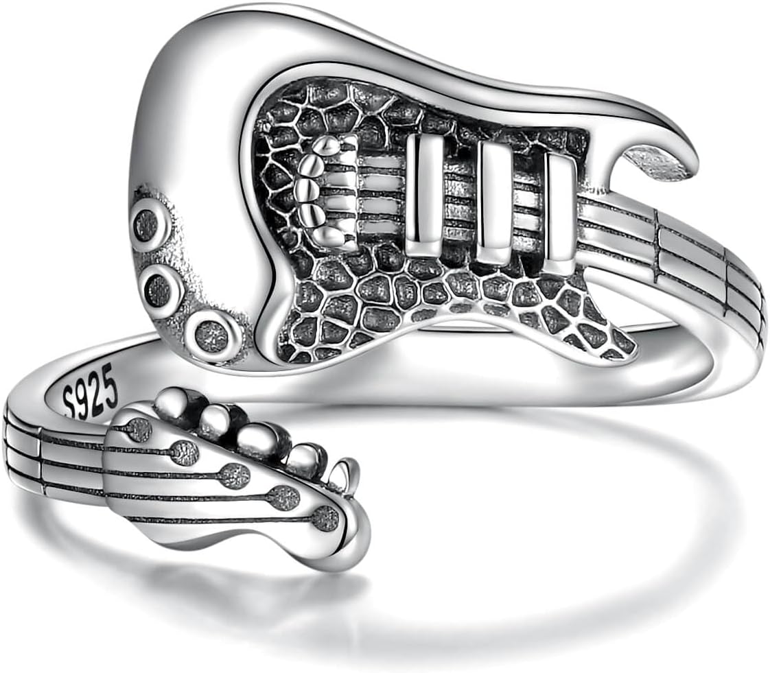 925 Sterling Silver Electric Guitar Ring Adjustable Rock Music Punk Jewelry Gifts for Men Women
