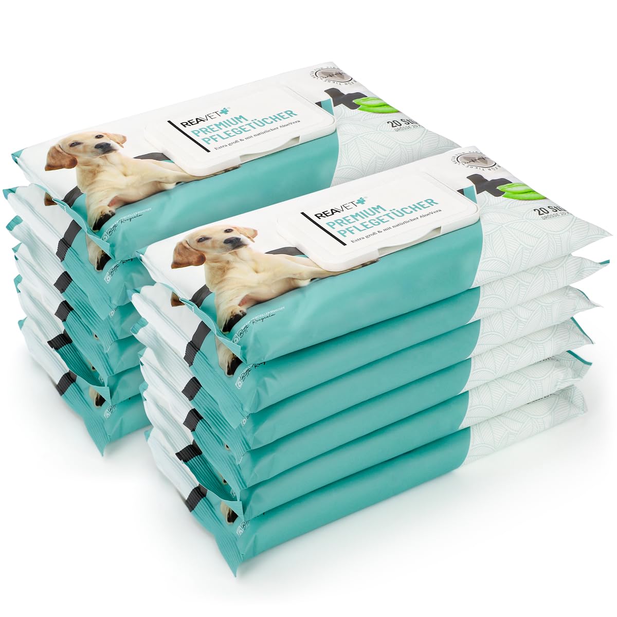 ReaVET Pflegetücher Hund, Katze I Reisegröße 240 Stück I 12 x 20Stk. I XXL Feuchttücher, Extra Groß & Hypoallergen I Reinigungstücher, Abwischtücher für Po, Pfoten, Augen & Ohren