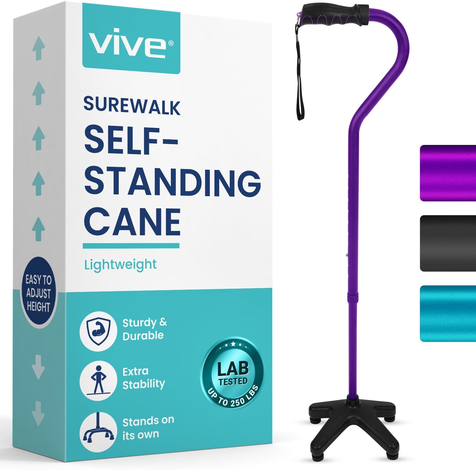 Vive Quad Cane (250 LB) - Adjustable Walking Cane with Large 4 Pronged Base for Extra Balance & Stability, Walking Stick for Seniors, Men,& Women - Patented Customizable Handle