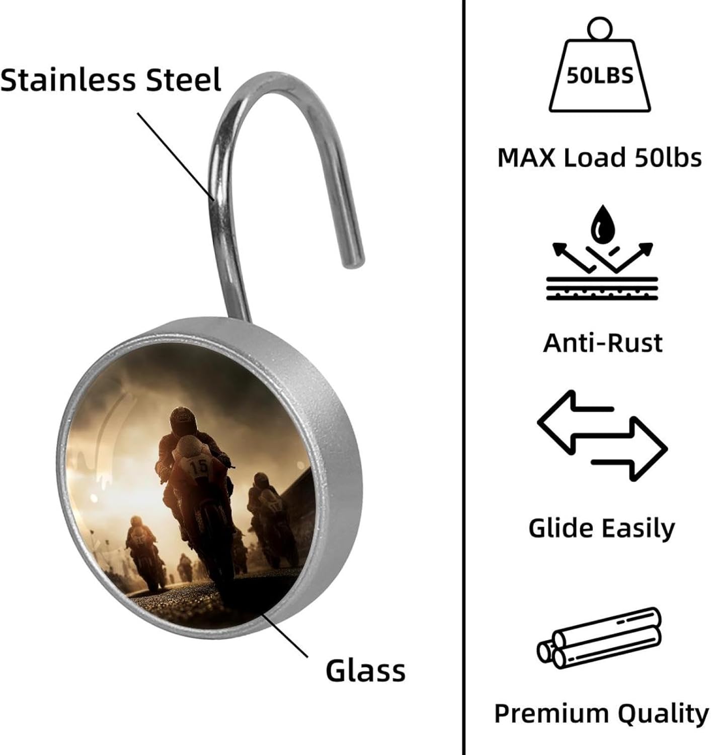 12PCS Motorcycle Racing (3) Shower Curtain Hooks Rings for Bathroom, Decorative Shower Curtain Hooks Rods Curtains and Liner