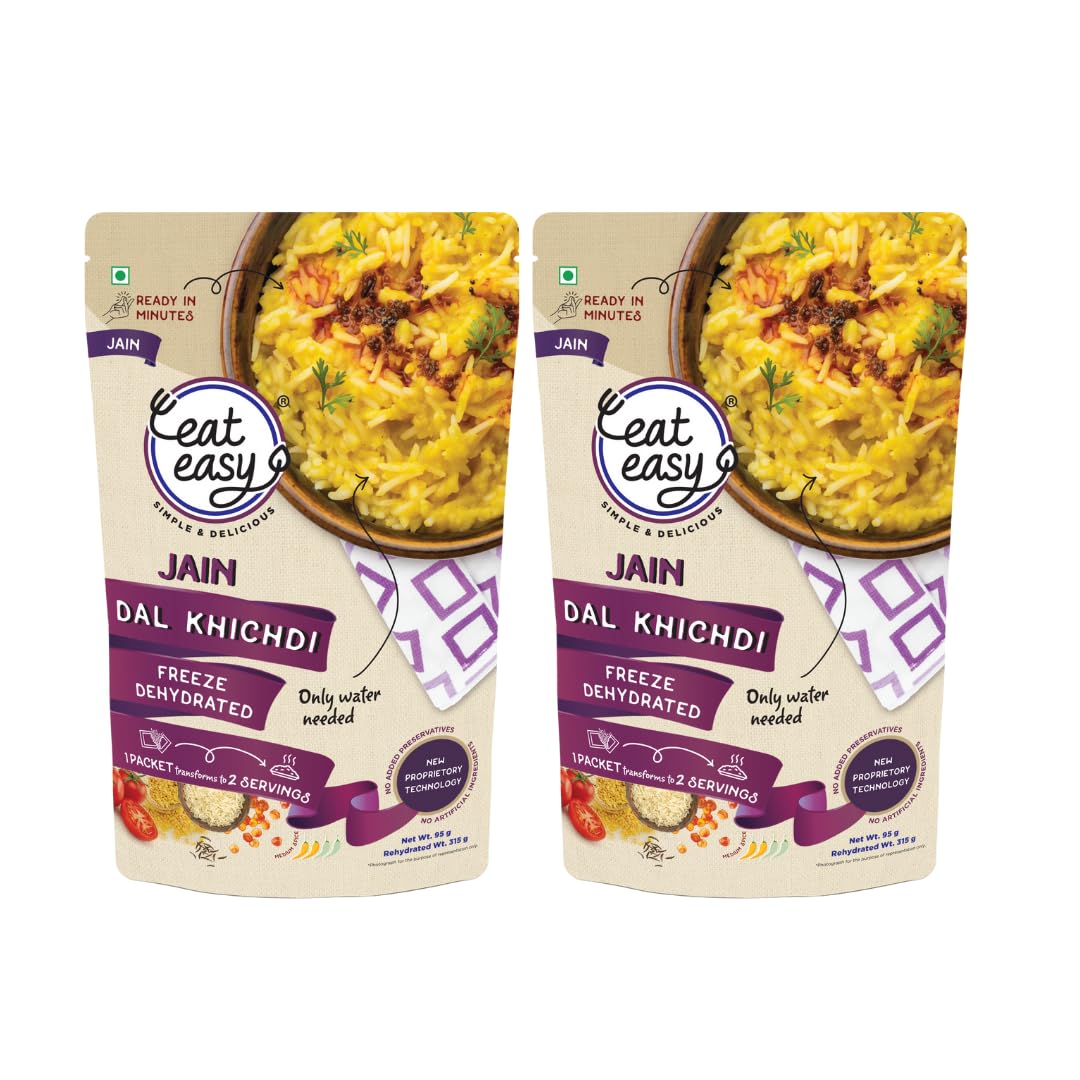 Eat Easy Ready To Eat Jain Dal Khichdi, 92gm (Pack of 2) | Light on Stomach High Protein & Fiber, Freeze Dehydrated Healthy Instant Food for Travel, Office | No Preservatives | No Onion, No Garlic | Just Add Water and Cook