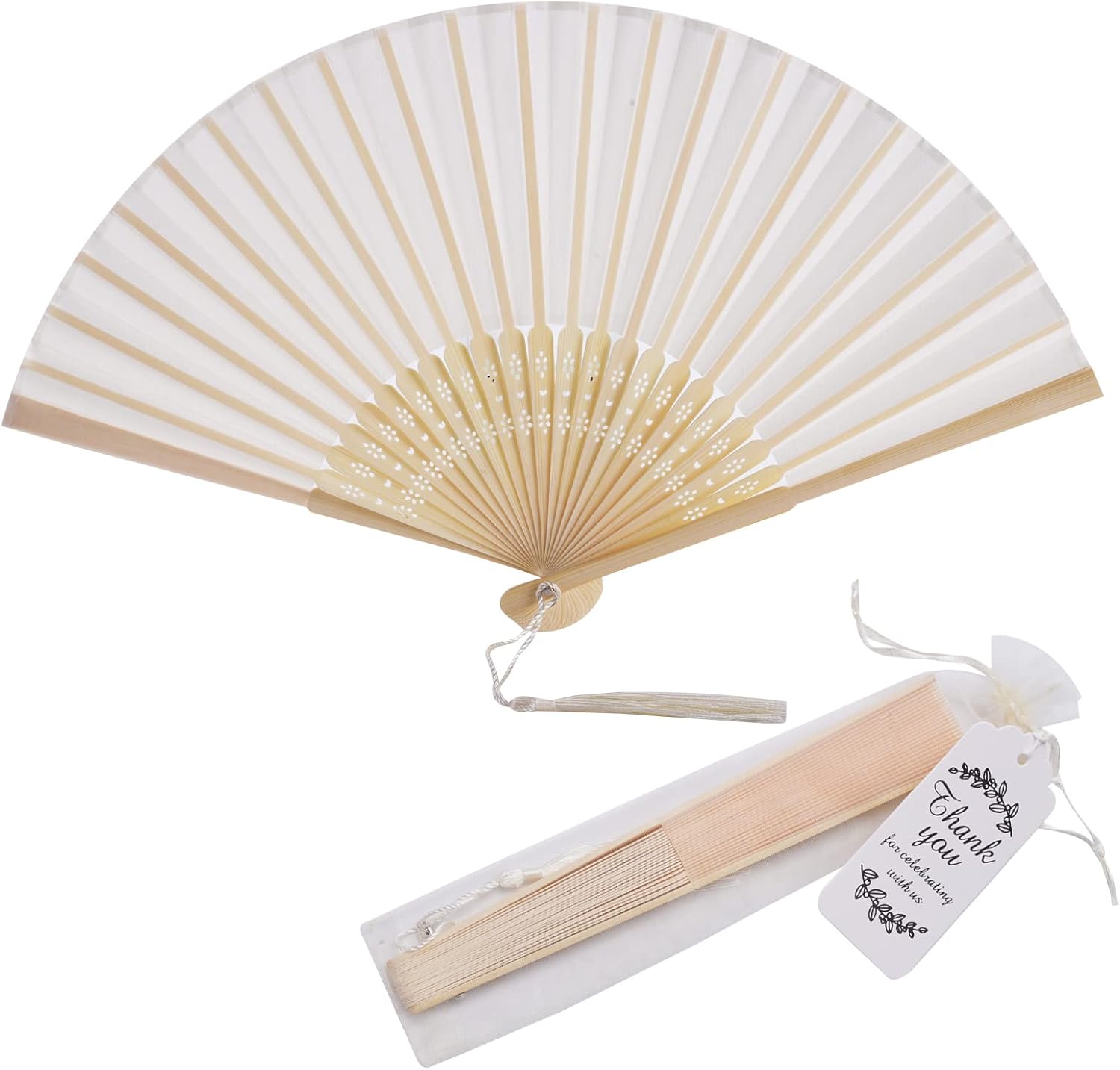 SL crafts 50 Sets Imitated Silk Hand Fan with Tassel and Organza Bags and Thank You