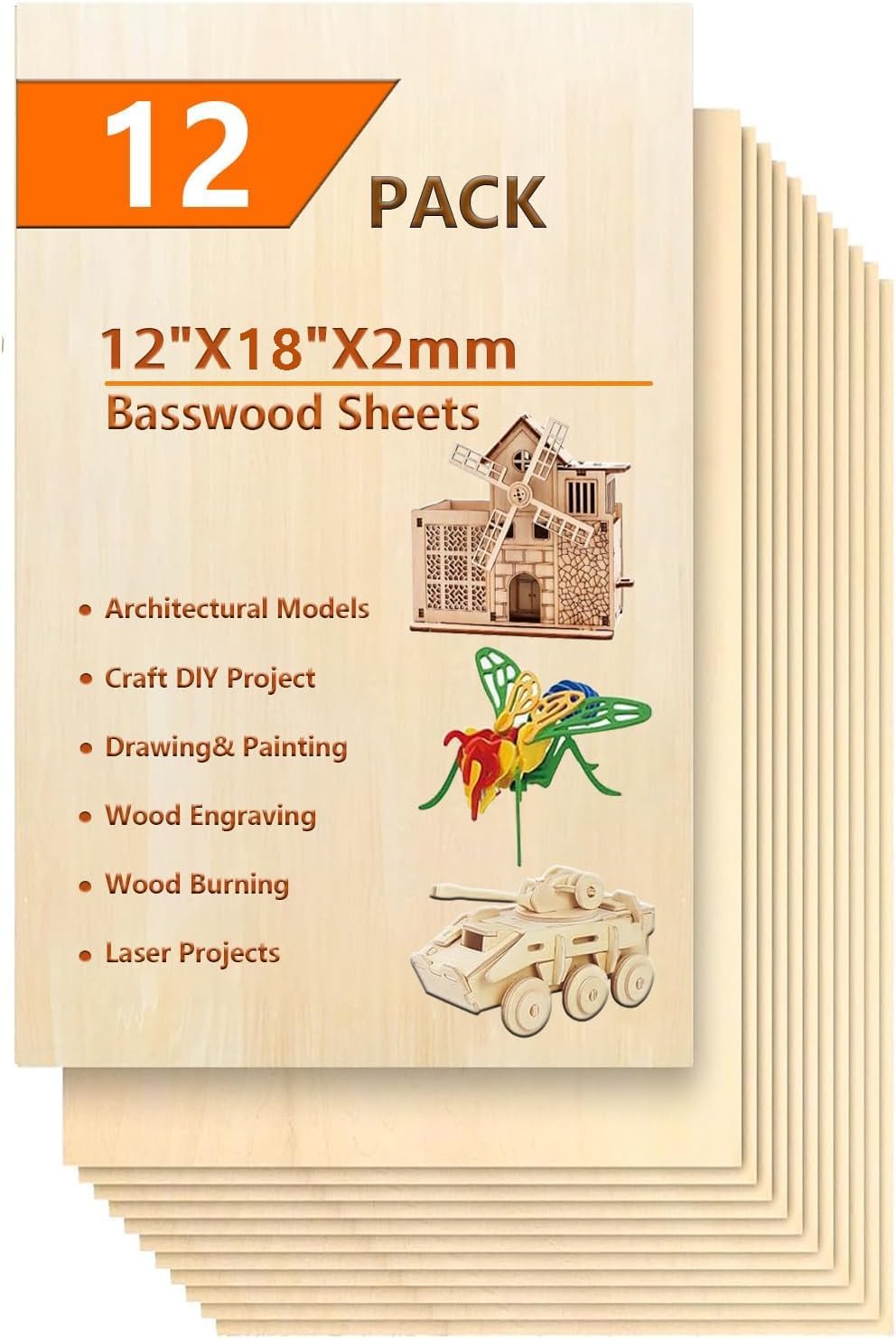 15 Pack Basswood Sheets for Crafts 12x18x1/8 Inch 3mm Basswood for Laser Cutting & Engraving, Drawing,Wood Burning, Unfinished Plywood Sheets for DIY Ornaments and Architectural Model (12x18x1/8)