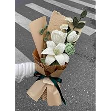 DULO Handmade Bouquet Crochet Flower, Luxury Crochet Flower Gift for Mom, Knitted Lily & Roses Arrangement, Eternal Preserved Flowers Keepsake, Knitted Forever Flower Lily Rose Bouquet