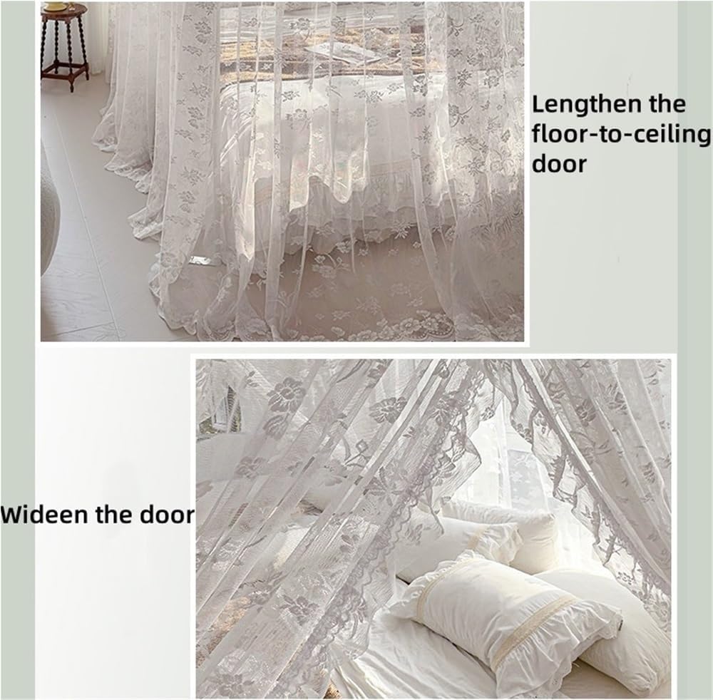 Lace Three-Door Bed Curtains, Extended Floor-Length Bed Canopy, Mosquito Net with Metal Brackets, Four-Corner Bed Covers(White,Small)