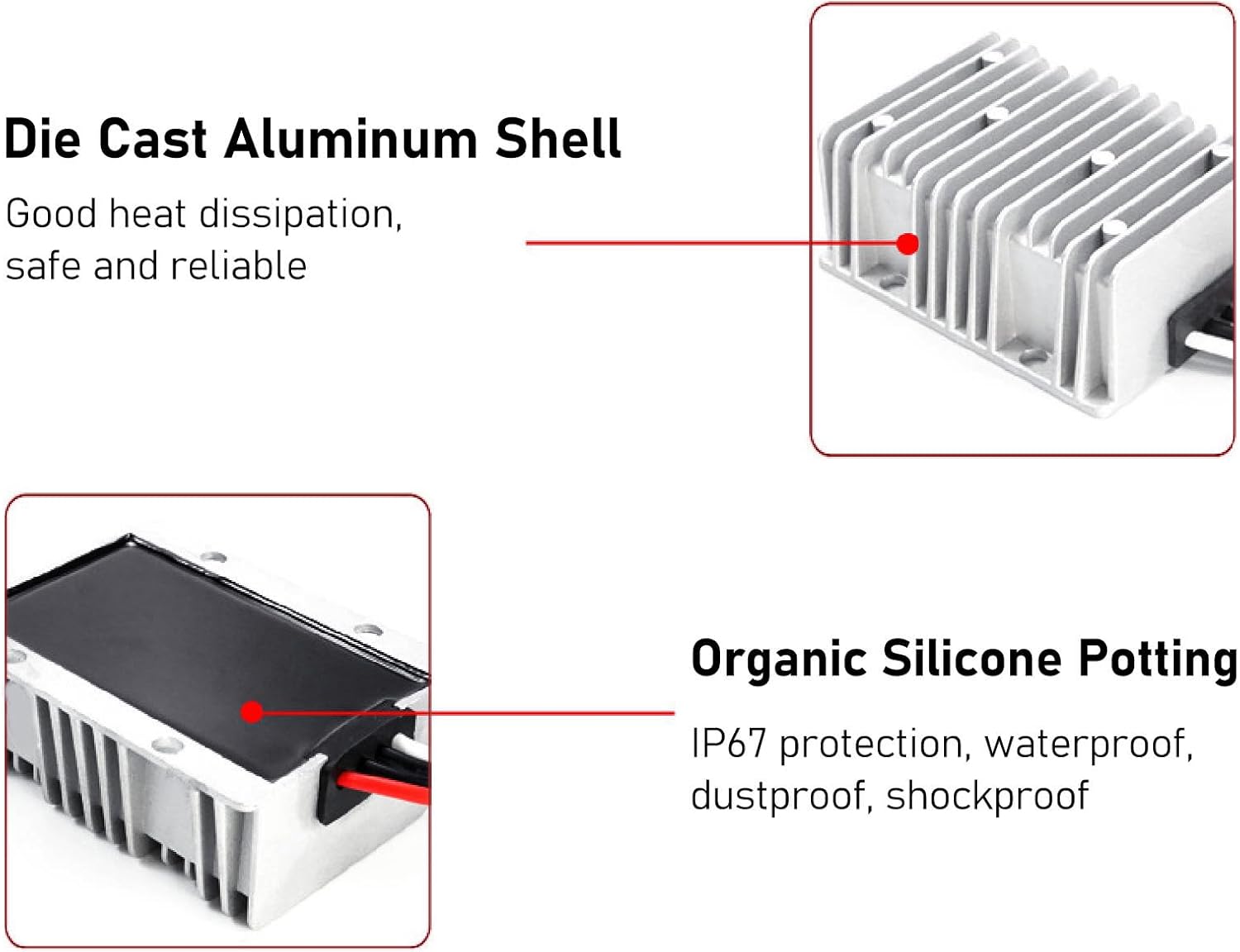 560W DC DC Non Isolated Voltage Regulator, 24V 18-36V to 28V 20A Voltage Converter, IP67 Rated for Vehicle Lighting Systems with Aluminum Heat Sink Housing