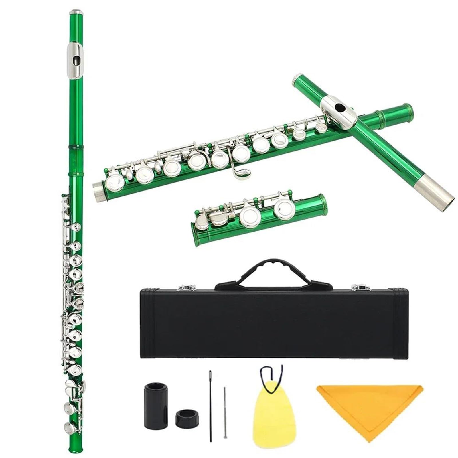 Querflöte 16 Geschlossene Löcher Flöte C-Taste Cupronickel Konzertflöte Querflöte Holzblasinstrument Mit E-Tastengehäuse Zubehör(Green)