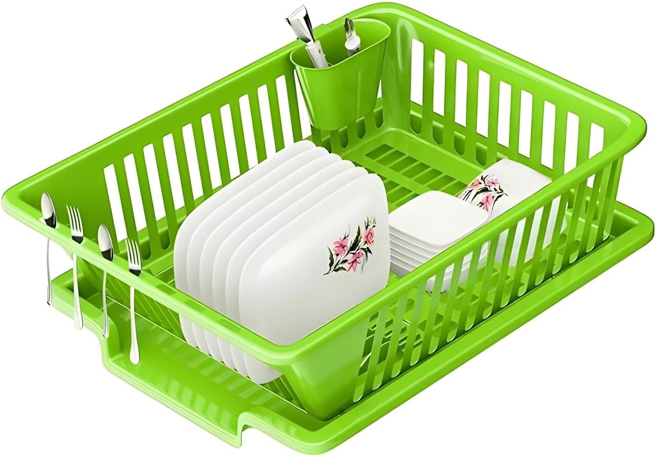 3 in 1 Large Glossy Plastic Durable, Lightweight & Unbreakable Modular Utensil Basket with Spoon Holder & Removable Dish Drainer Drying Rack for Kitchen Dish Rack Organizers (Green)