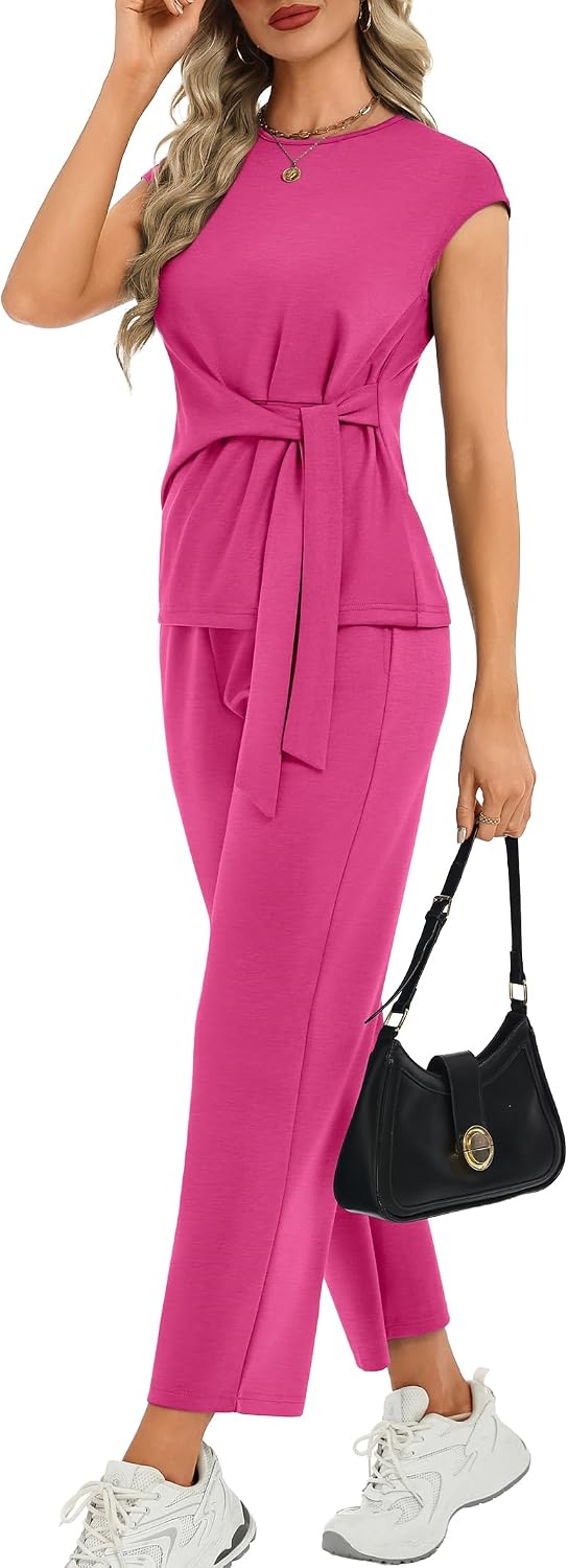 Casly Lamiit Two Piece Sets for Women Summer Outfits Cap Sleeve Belted Crop Top Wide Leg Pants Matching Set
