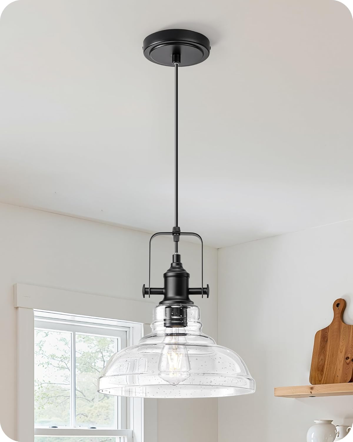 EDISHINE Farmhouse Pendant Lights Kitchen Island, Clear Seeded Glass Shade Hanging Light with Matte Black Finish, Modern Pendant Light Fixtures with Open Shade, Over Island Bar,E26 Base