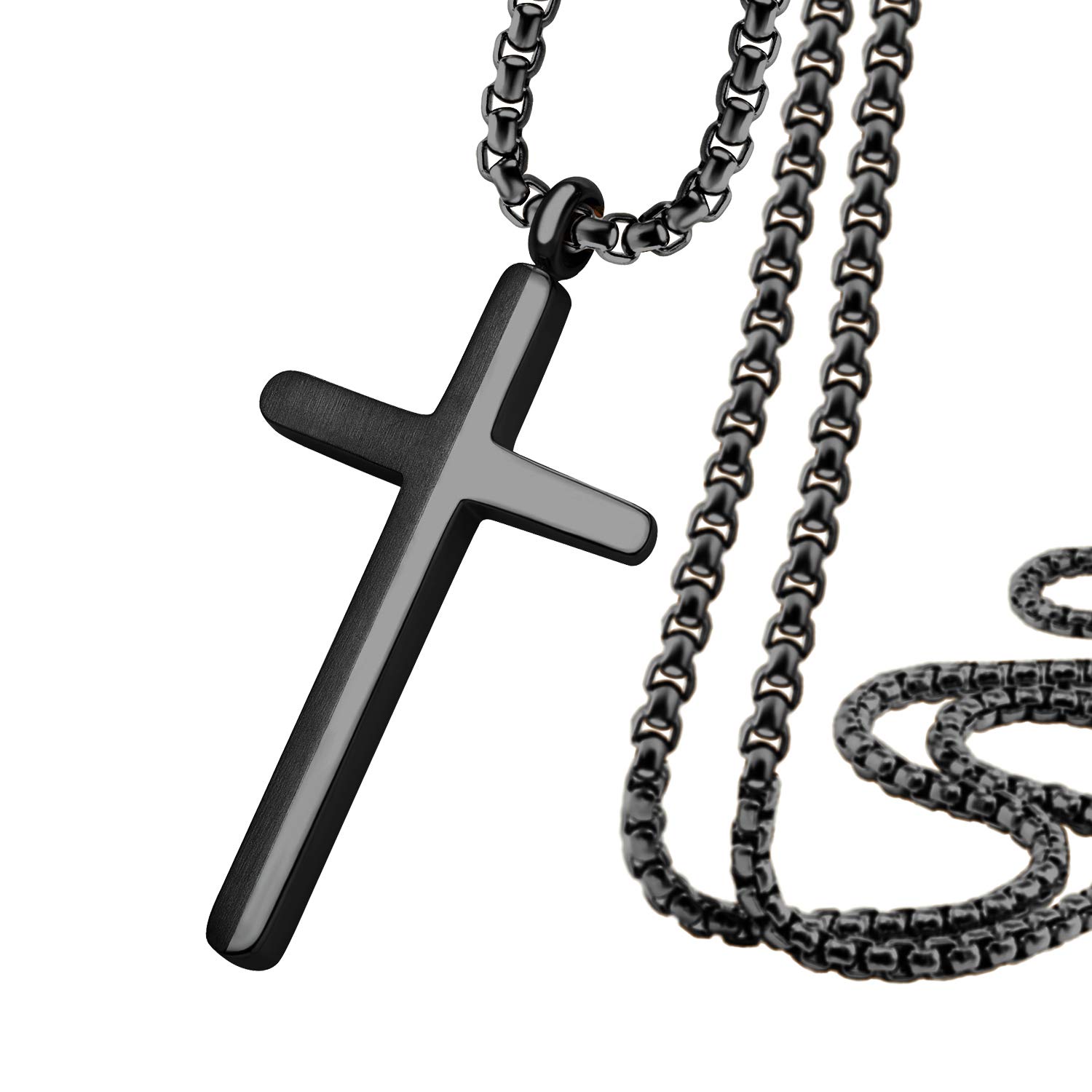 555Jewelry Collar de cruz de acero inoxidable para hombres y niños, cadena de caja de 40 a 60 cm negro