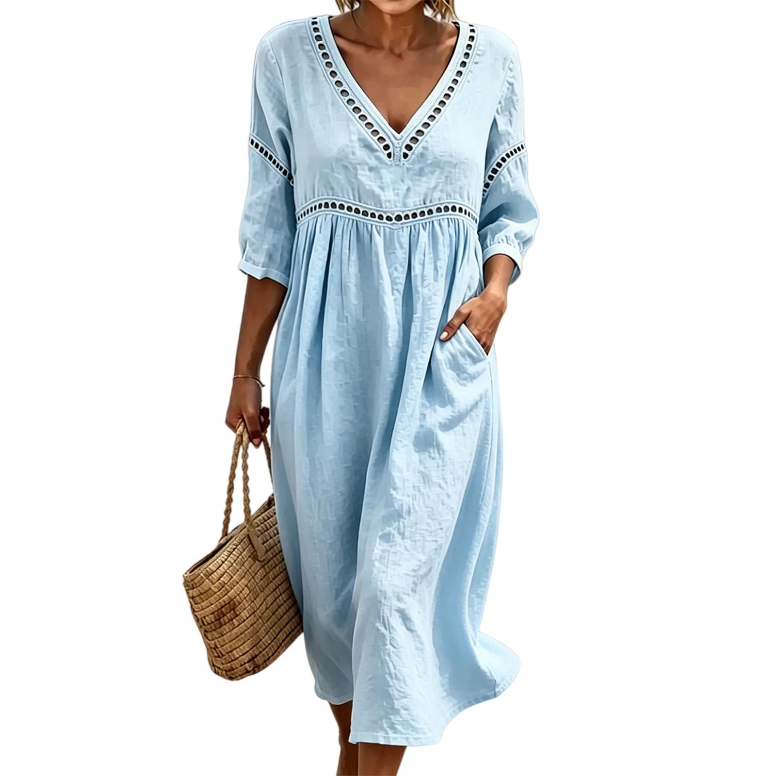 Generisch Sommerkleid Damen Lang,3/4 Ärmel Lochstickerei Musselin Locker Boho Kleid Sommer Strandkleid Elegant Baumwolle Leinenkleid V Ausschnitt Mode Maxikleid Leicht und Luftig Freizeitkleid