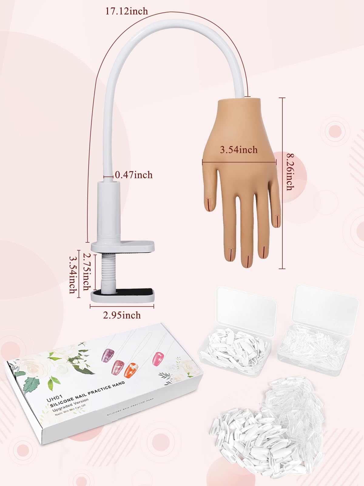 Main D'Entrainement Manucure - Silikon Main Entrainement Ongles avec 200 Pièces Faux Ongles - Flexible Fausse Main pour Ongle pour Débutants Professionnel Salon