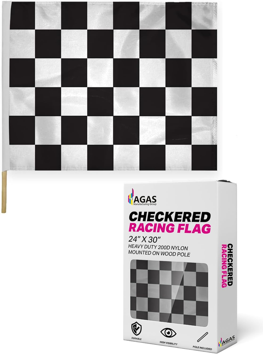 AGAS Checkered Racing Flags Black White Pattern - 24x30 inch - Printed Single Sided on Heavy Duty 200D Nylon - Stitched Edges - Mounted on 5/8 dia x 30 inch Natural Wood Pole - Sports Racing - Official End of Race Session Flag.