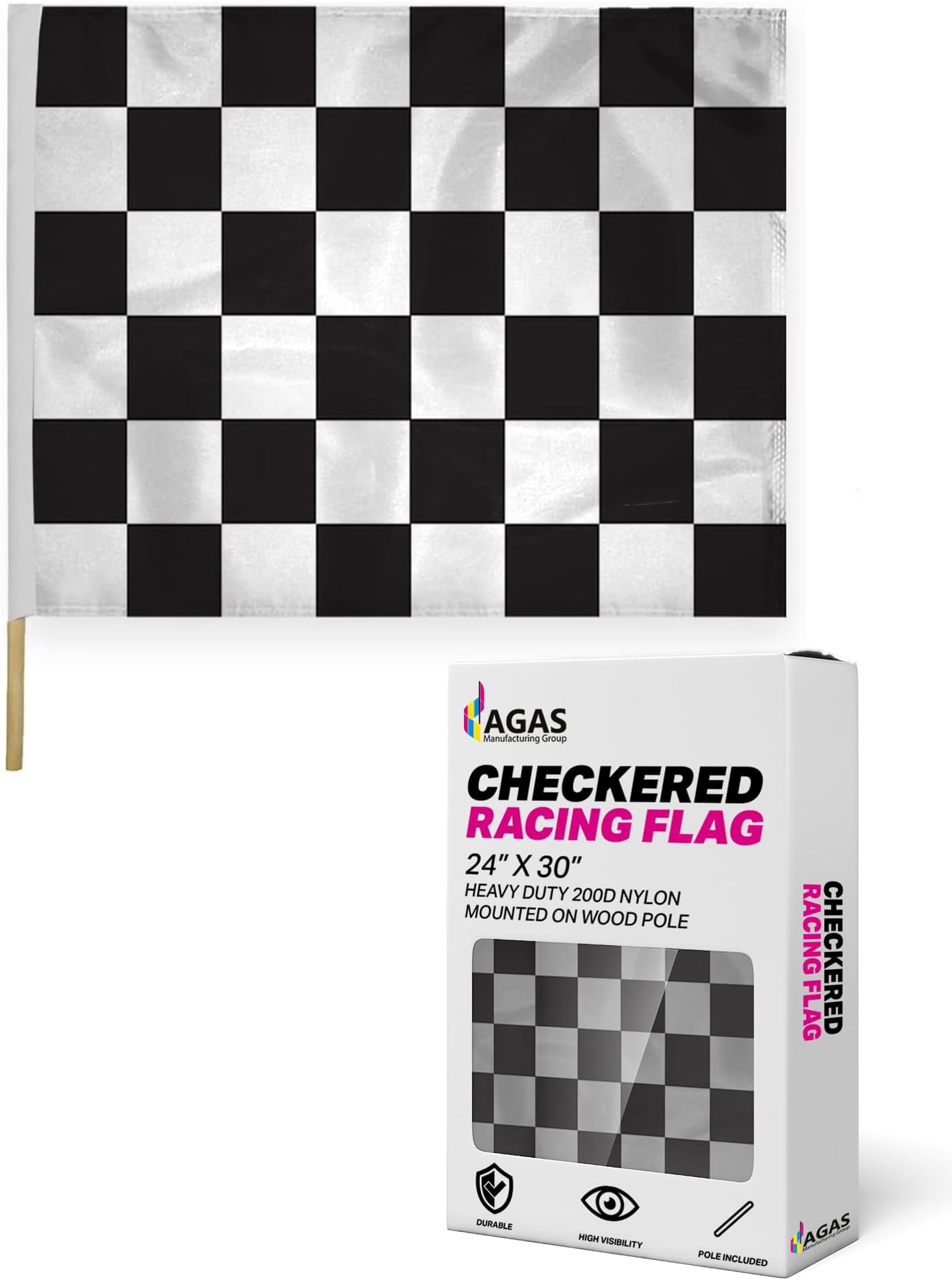 Sponsored Ad - AGAS Checkered Racing Flags Black White Pattern - 24x30 inch - Printed Single Sided on Heavy Duty 200D Nylon - Stitched Edges - Mounted on 5/8 dia x 30 inch Natural Wood Pole - Sports Racing - Official End of Race Session Flag.