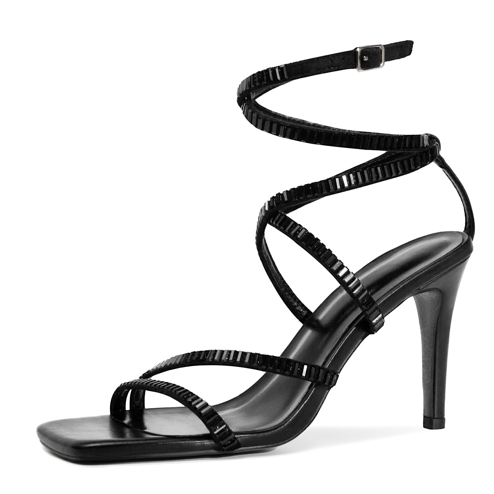 FRJR Strappy Heels for Women Lace up High Heel Sandals Square Open Toe Rhinestone Ankle Strap Stiletto Heels Sexy Prom Dress Party Wedding Heeled