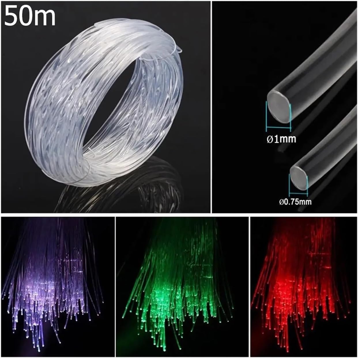 50mx0.75mm/1.0mm DIY Clear Plastic Fiber Optic Cable L*/ED Light End Glow(50mx1mm)