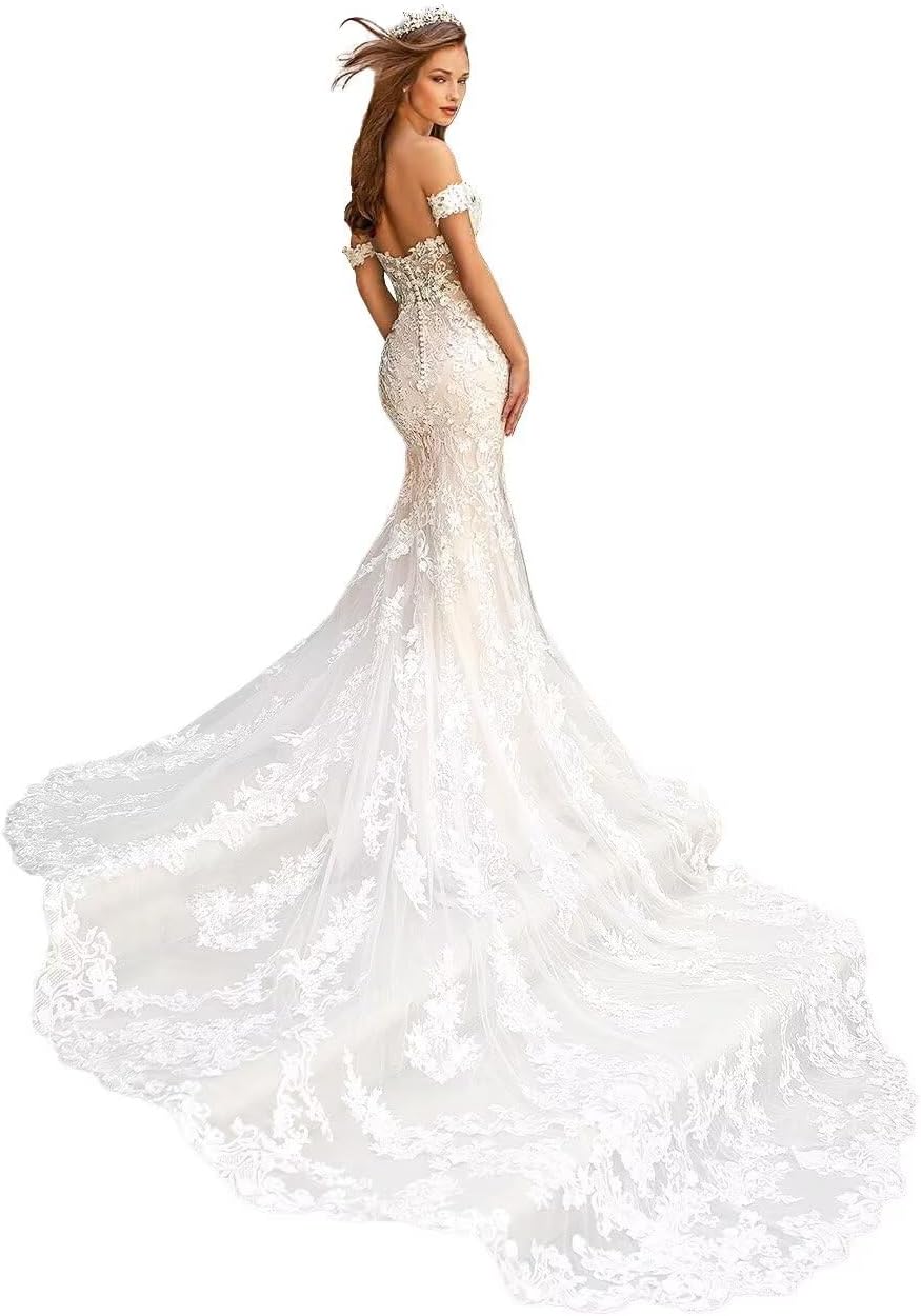 Mermaid Wedding Dresses for Bride Lace Beach Tulle Applique V-Neck Spaghetti Straps Boho Bridal Dress for Bride with Train
