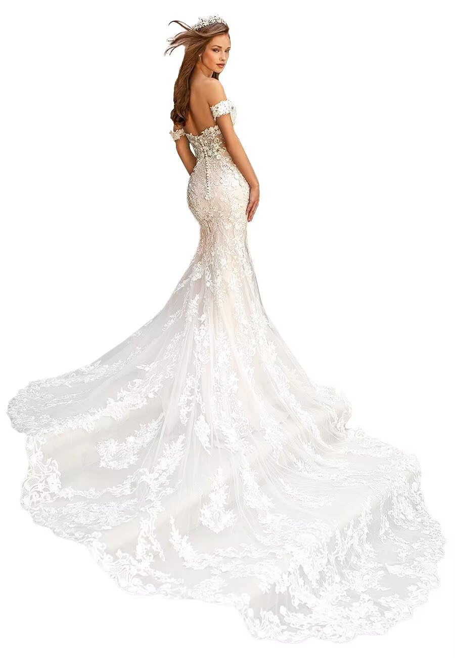 Mermaid Wedding Dresses for Bride Lace Beach Tulle Applique V-Neck Spaghetti Straps Boho Bridal Dress for Bride with Train