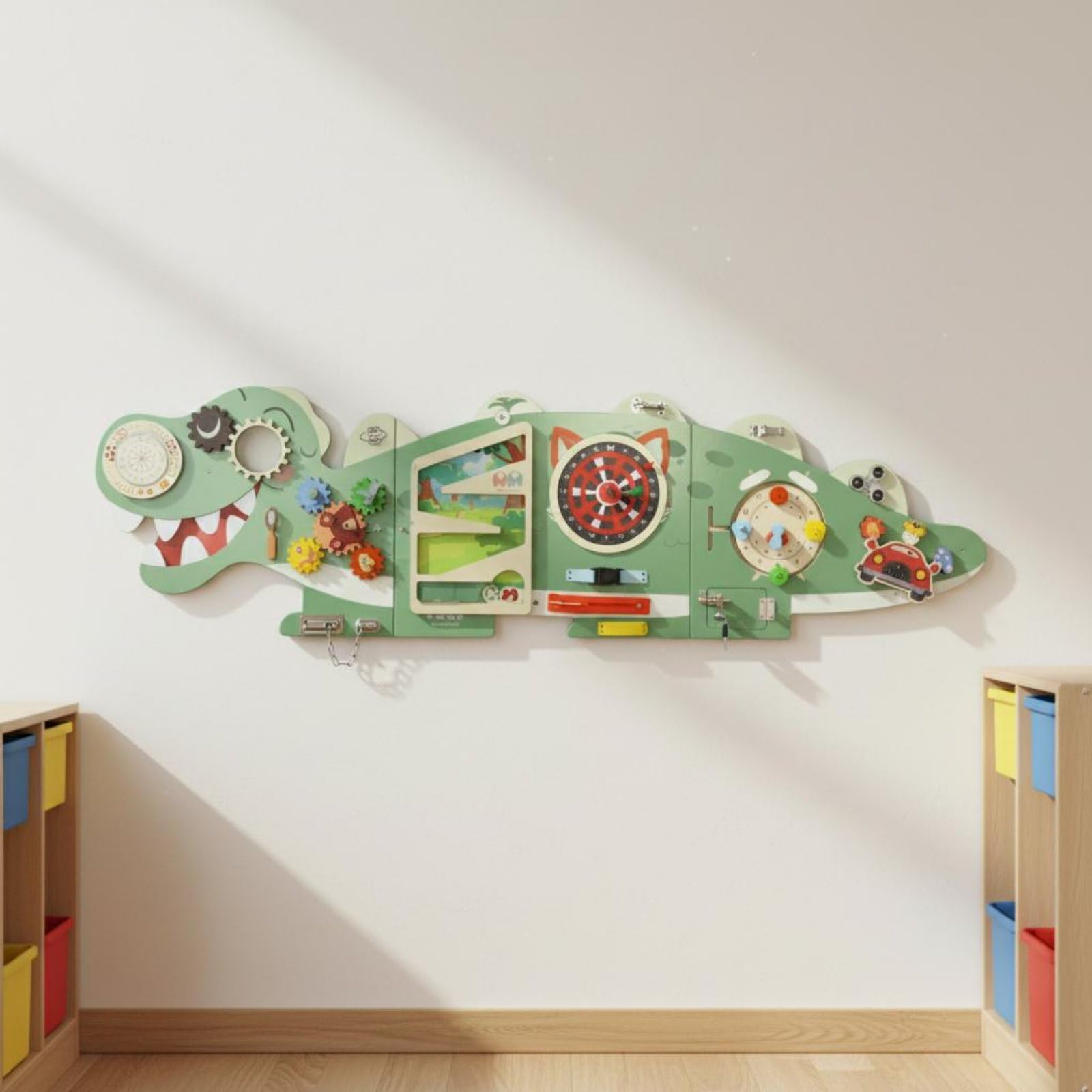 Gioco da Parete per Bambini Pannello Busy Interattivo con Ingranaggi Quadrante Cursori E Serrature in Legno per Apprendimento Attivo Adatto per Camerette Aree Gioco