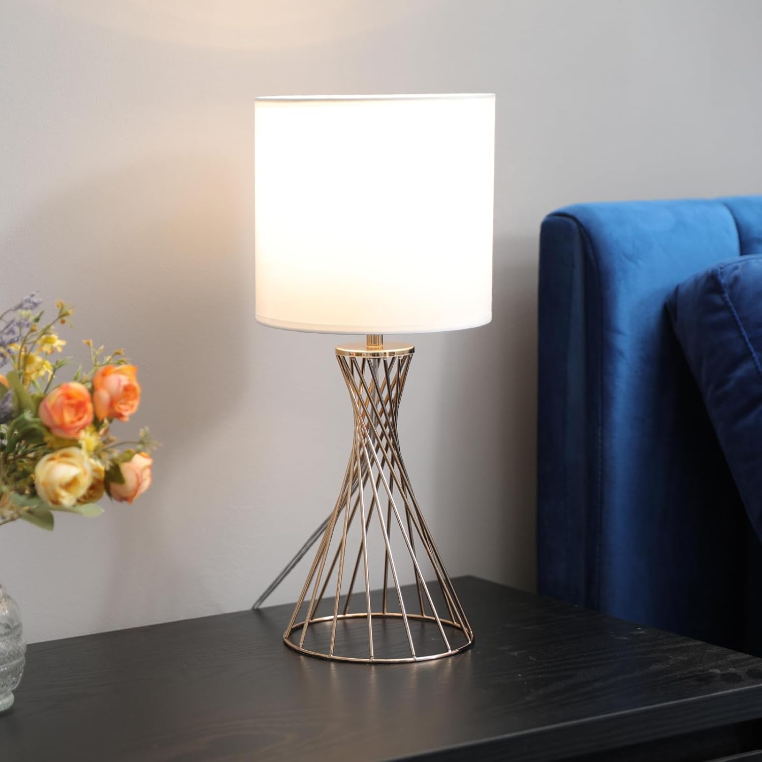 Gold Table Lamp, Modern Bedside Lamp for Nightstand, Small lamp for Bedroom, Metal Geometric Hollow Out Base with White Fabric Shade