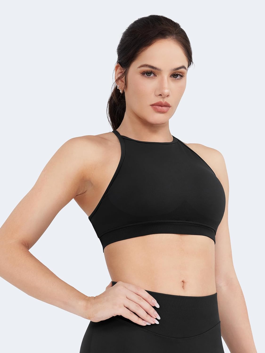 VOYJOY High Neck Sports Bra Adjustable Straps Yoga Crop Womens Workout Gym Yoga Bras - Image 3