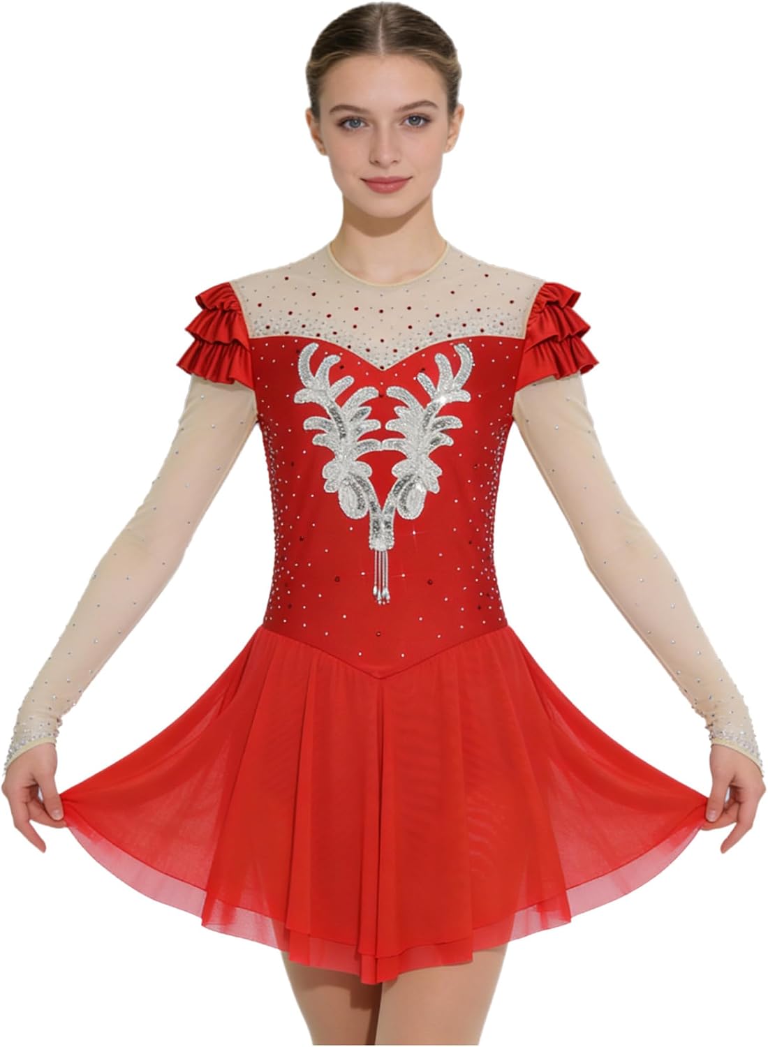 Women's Figure Ice Skating Dress Long Sleeve Shiny Rhinestones Roller Skating Lyrical Dance Costume