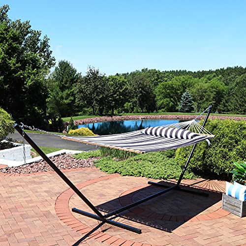 Image of Sunnydaze Quilted Double Hammock for Outside with Spreader Bars and Pillow - 450 lb Capacity, 74x55 Inch Bed, UV Resistant, Quick Dry - Chains Included, Stand Sold Separately - Black & White