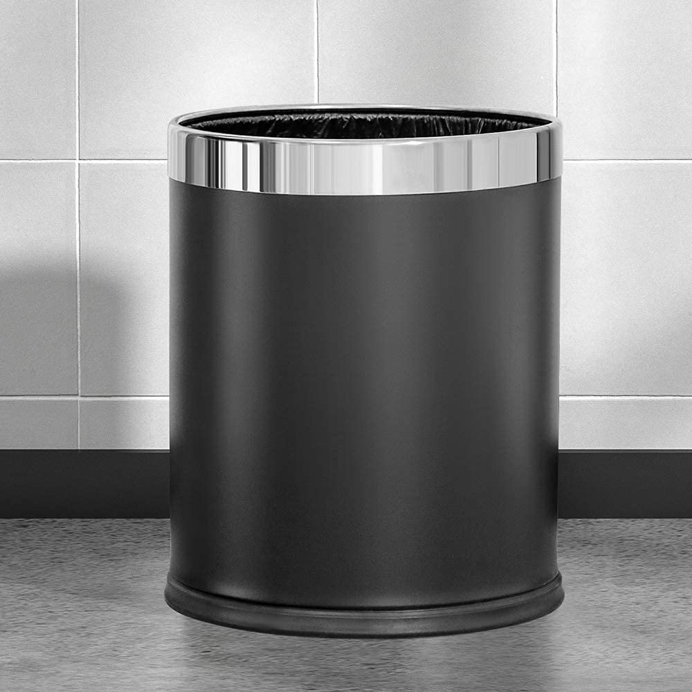 LEASYLIFE,Open Top Hotel Trash Can, Office Metal Black Waste Basket