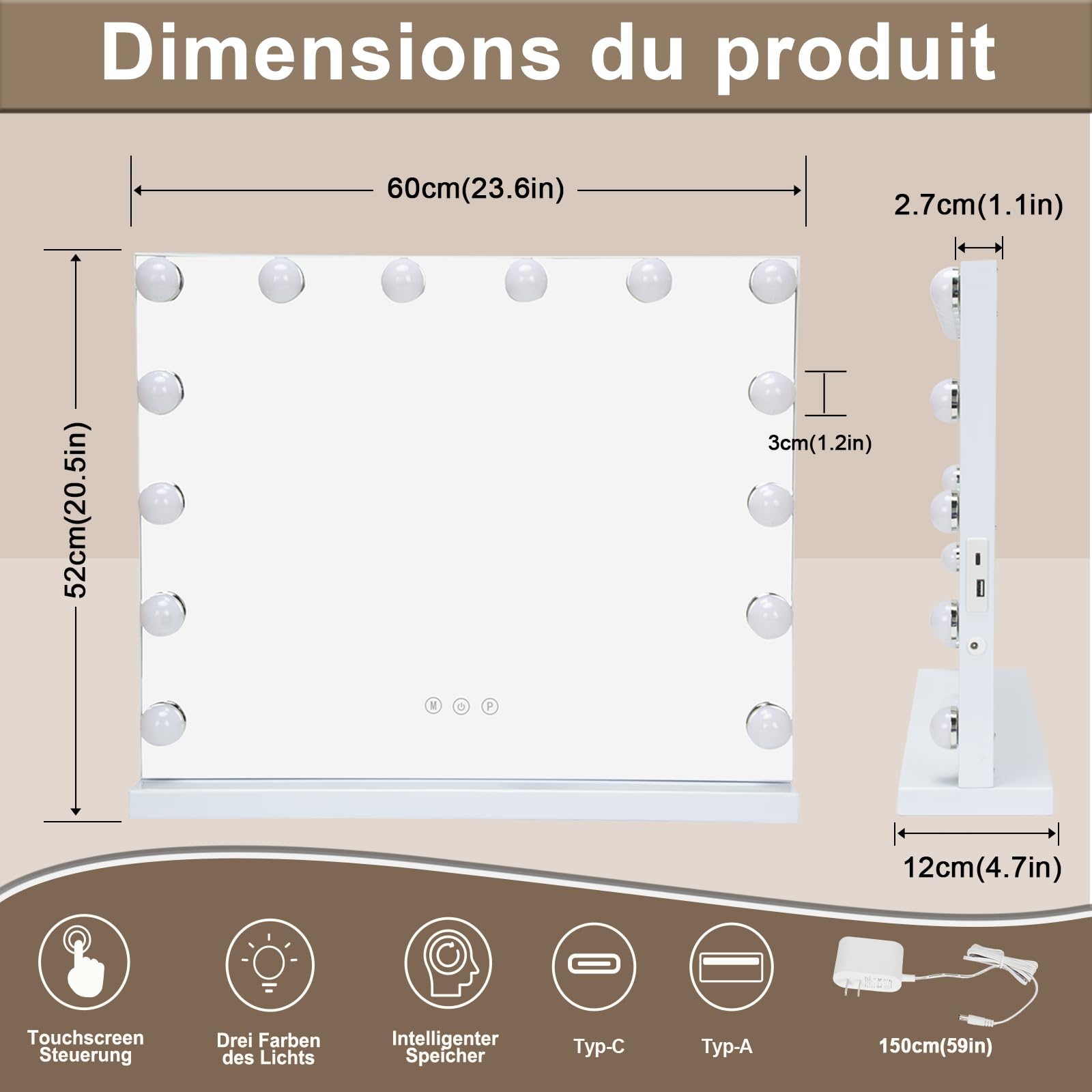 miroir de maquillage avec éclairage LED, 60 x 52 cm, miroir hollywoodien à intensité variable