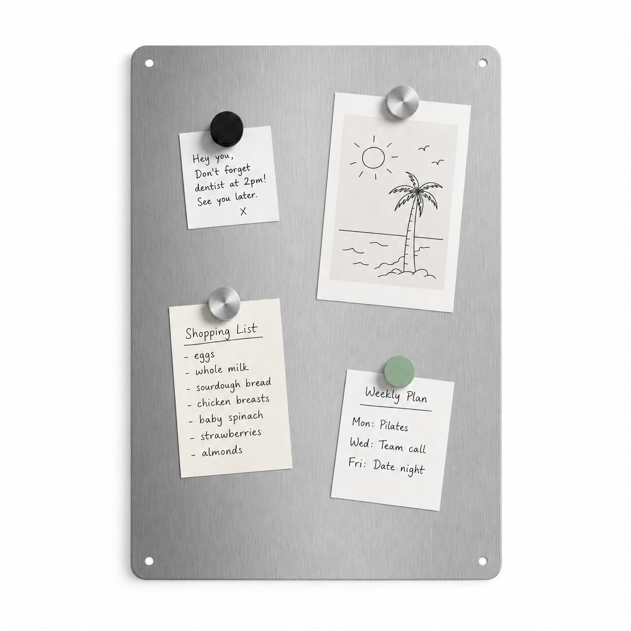 Brushed Stainless Steel Magnetic Notice Memo Board - Screw on Glue on A1 A2 A3 A4 Custom Pieces Available (Holes + Rounded Corners, 750mm x 800mm)