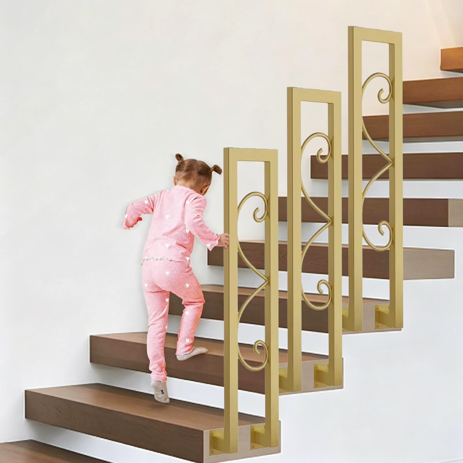Side Mount Stair Railing Handrail Picket Fits 1 Steps | Gold Wrought Iron Hand Rail for Outdoor Stair Grab Handle Bar Bannister Rail | U-Shaped Stair Handrail(Gold,55cm/22in)