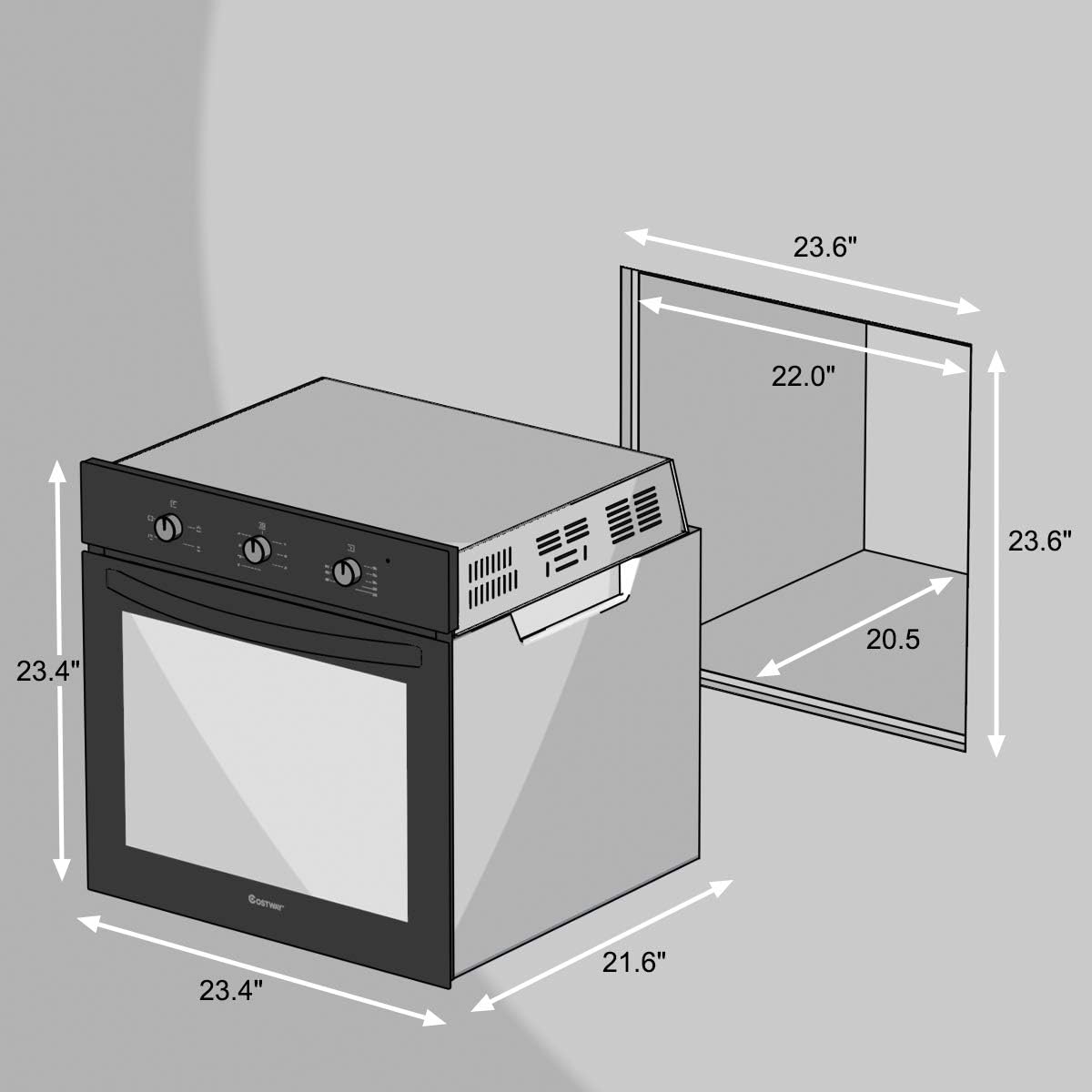 Diagram showing the dimensions of the oven and the required cabinet cutout