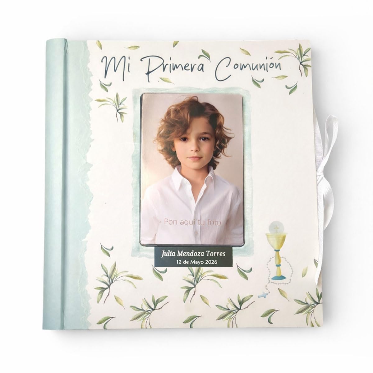 Libro de comunión para firmas y fotos, personalizado con placa grabada con nombre y fecha (Verde agua) - 3