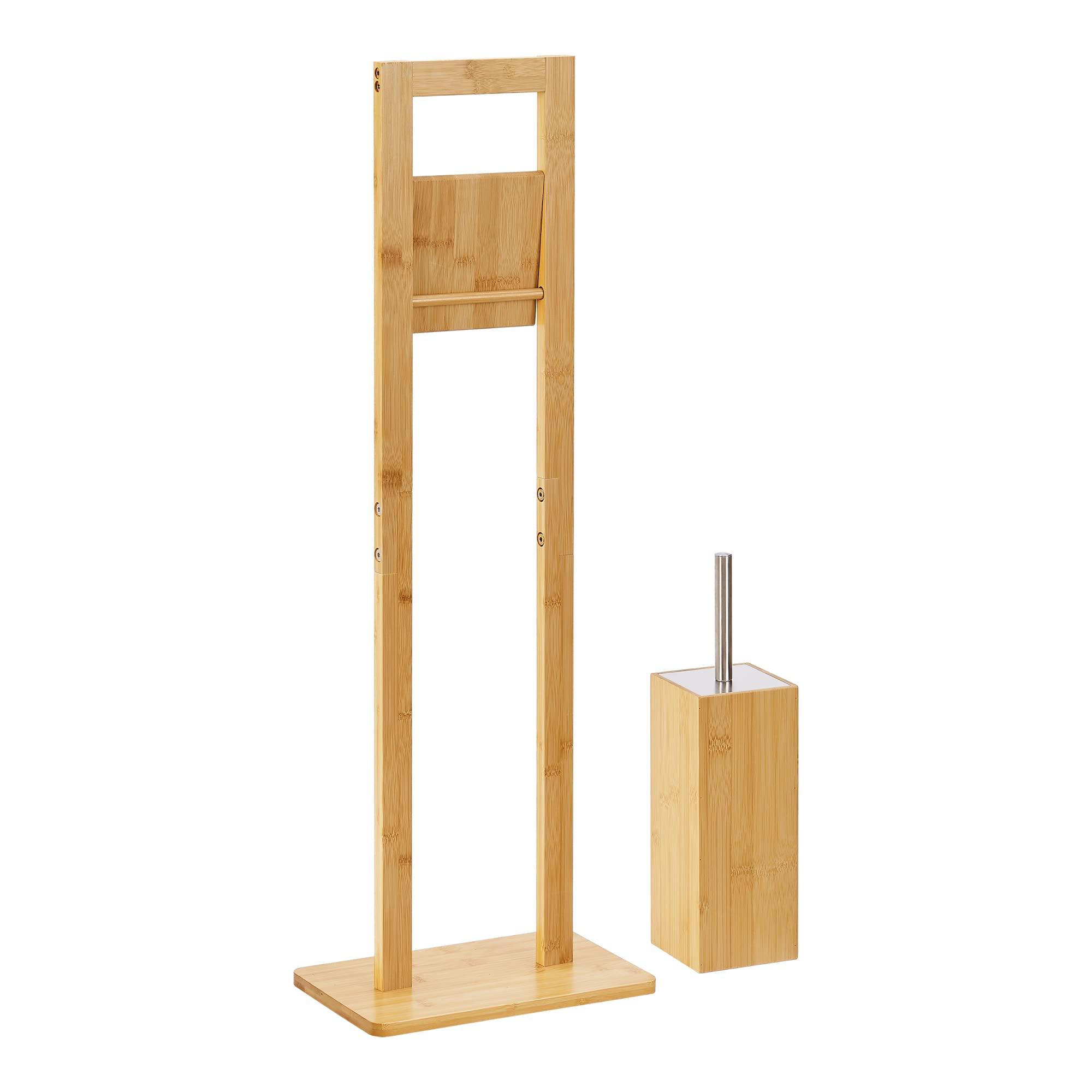 [en.casa] Escobillero de Pie con Portarrollos con Escobilla Juego de Baño Set de Aseo Inodoro Bambú/Acero/Plástico 83 x 28 x 18 cm Natural/Plateado
