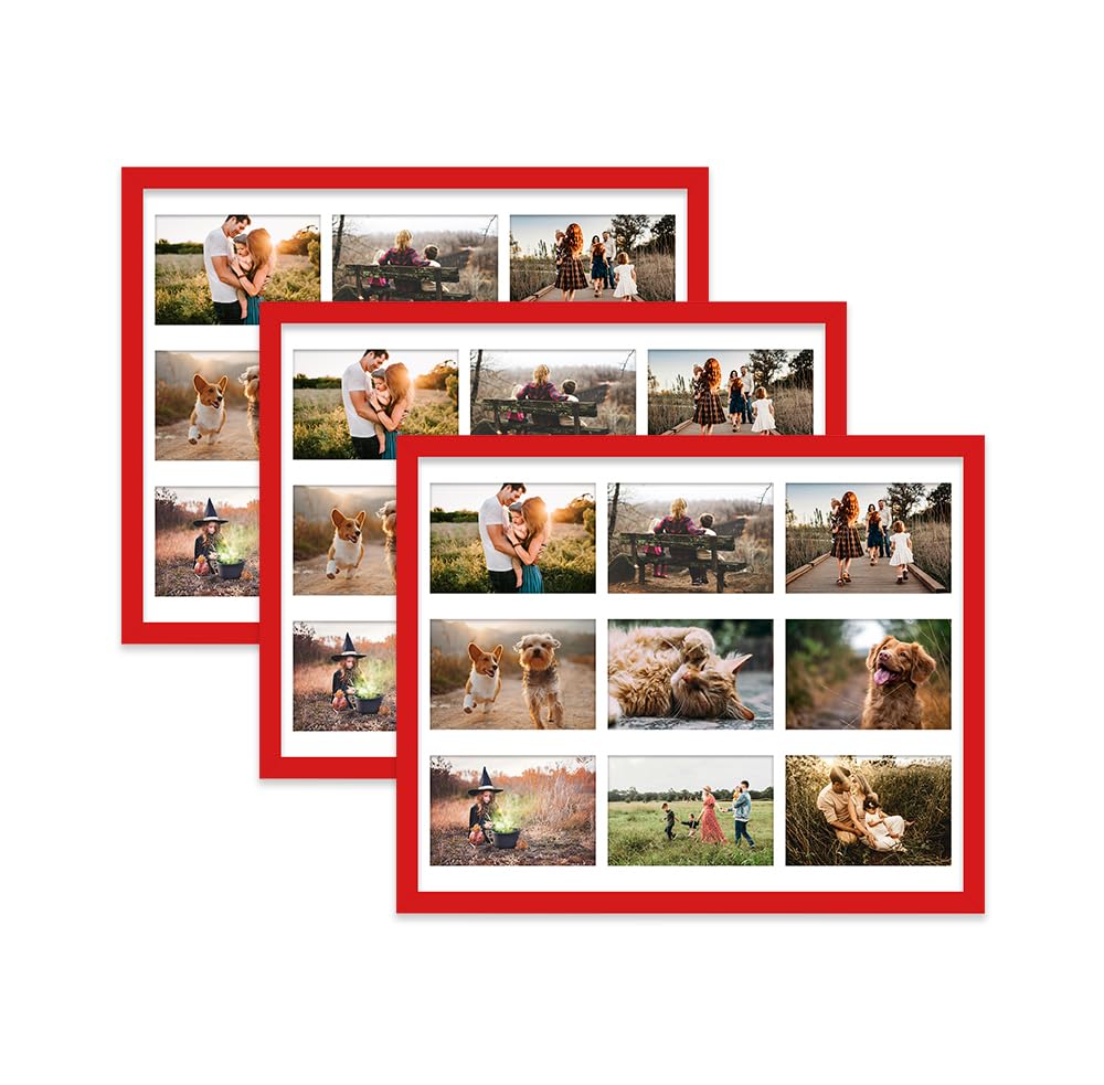 Red Multi Photo Frame - Holds 9 x 6x4 Pictures, Family Collage Picture Frame for Wall Display, 20x16 Frame size, Set of 3 — image 1