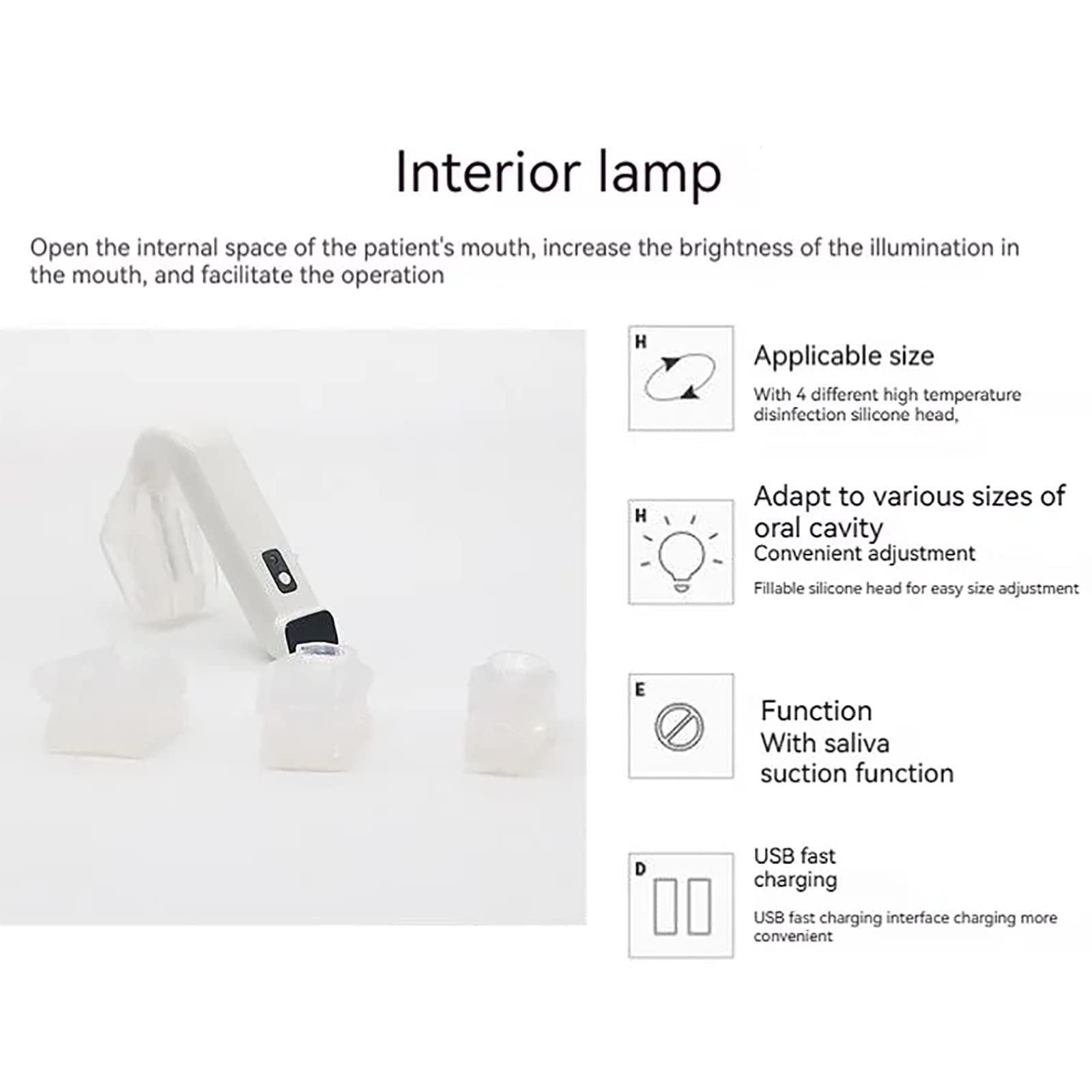Esame Odontoiatrico Orale Leggero, Lampada per L’Esame Orale LED con Funzione Succhiante Saliva E USB, Luminosità Regolabile E 4 Testine in Silicone Modificabili, per L’Esame Dentario