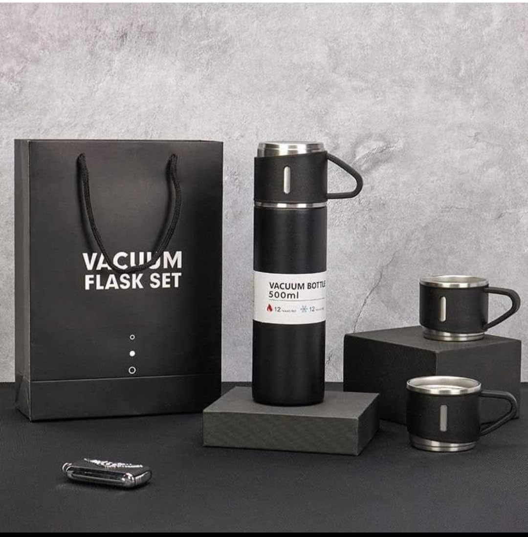 Vacuum Flask Set 500ML Stainless Steel Thermos Bottle with 2 Steel Cups, Coffee Tumbler & Tea Mug Gift Set, Hot & Cold Water Bottle with Gift Box – Diwali Gifts for Employees (Black)