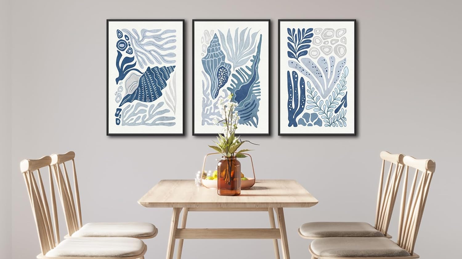 Large Framed Marine Life Wall Art Canvas Prints Set of 3, Minimalist Ocean Art, Blue White Coral Conch Shell Seaweed Beach Pictures Nautical Artwork for Living Room Bedroom Office Decor 16"x24"x3