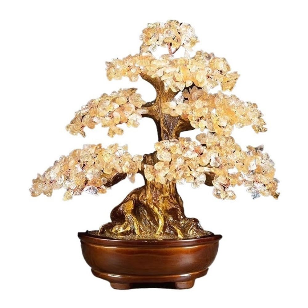 HCZKIUJY Luck and Wealth Crystal Tree Amethyst Citrine Money Tree Bonsai, Wealth Money Luck Ornamen for Home Wine Cooler Chakra Money Tree (Beige)