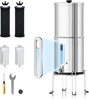 Purewell 1.5G Stainless-Steel Filter System with 2 Black Filters, Countertop Gravity Water Filter System with Embedded Water-Level Viewing Window - Ideal for Kitchen, Camping and Outdoor Adventure