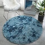 Freyamy Teppich Rund Hochflor Teppich Langflor,Teppiche für Wohnzimmer Flauschig Shaggy Bettvorleger Outdoor,Vintage Weich rutschfest Waschbarer Teppiche Gegend Blau Ø 100 cm Rund
