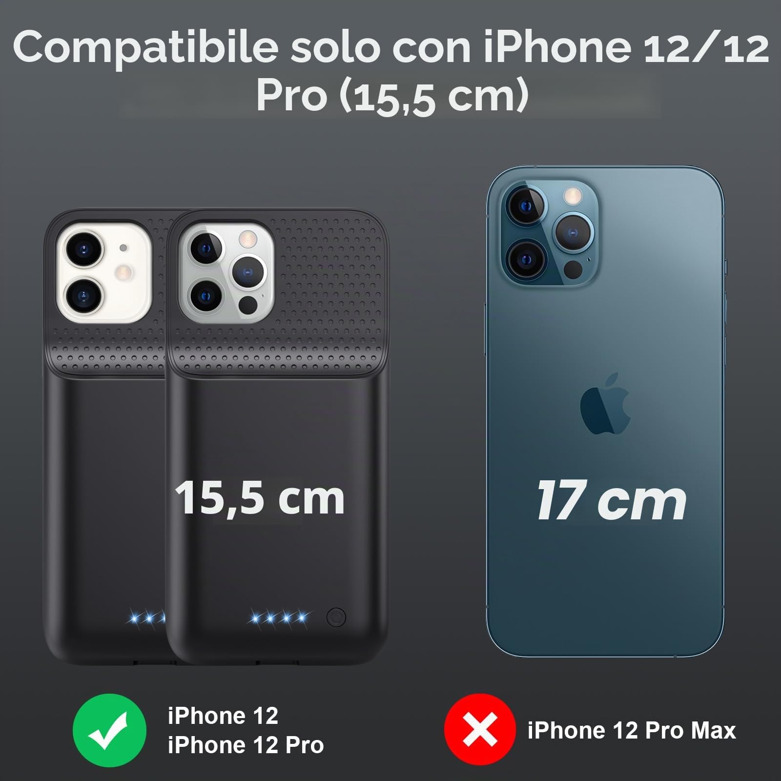 Cover Batteria per iPhone 12/12 Pro (6,1"), 10800mAh Cover Ricaricabile Custodia Batteria C over Caricabatterie Portatile Battery Case, Batteria Ricaricabile Estesa per iPhone 12/12 Pro