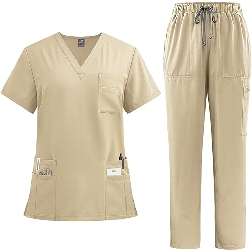 Scrubs for Women Set Stretch V-Neck Scrub Tops & Cargo Pant Quick Drying Solid Medical Nurse Uniform with Pockets