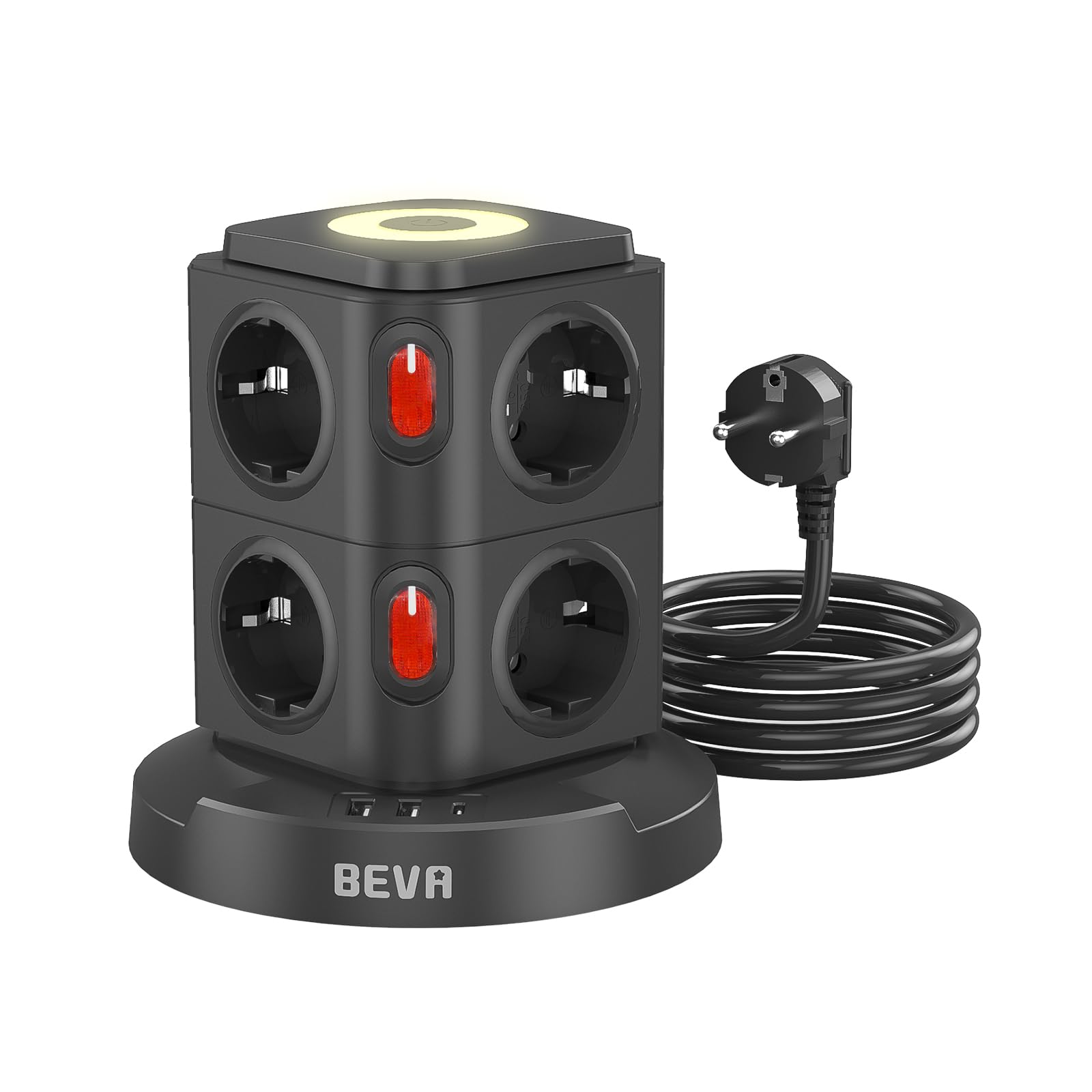 BEVA Multipresa Verticale, Ciabatta Multipresacon 3 Porte di Carica USB e 8 Prese EU Multipresa Elettrica con Luce Notturna e Protezione da Sovraccarico, 2500W/10A 2M Cavo