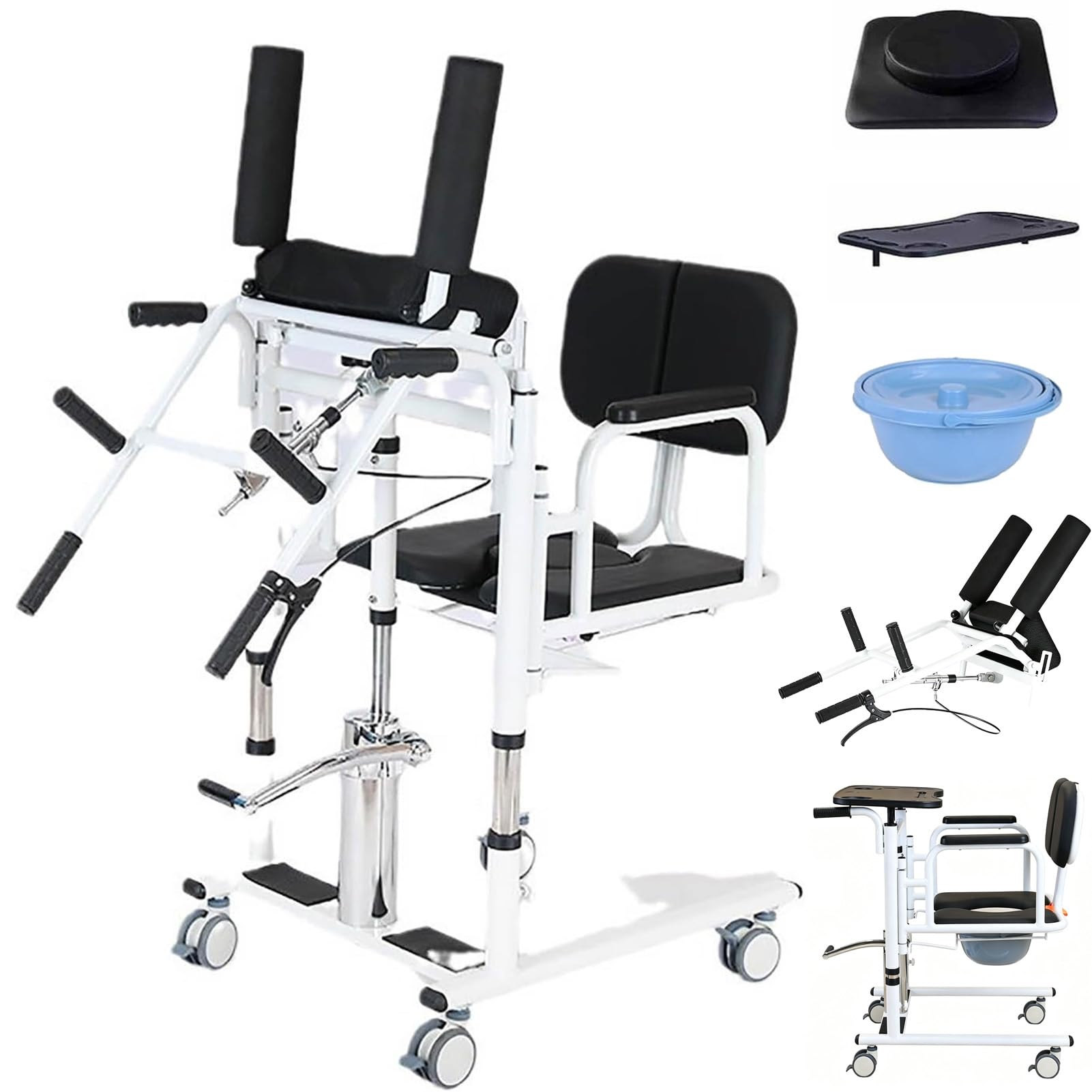 Joyfitness Wheelchair Lift Transfer Chair, Hydraulic Transfer Lift Chair for Disabled Patient Care, 180° Split Seat, Adjustable 41-65cm, 4 Locking Casters, Detachable Tray & Potty, 440Lbs Max